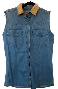 Vintage King Ranch Sleeveless Western Denim Snap Shirt Faux Suede Collar Size M